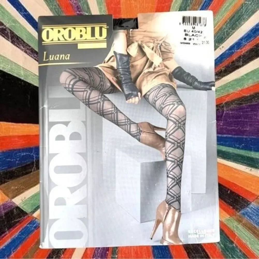 NWT OROBLU Women's Black Chevron Plaid Print Tights Size M
